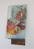 DRAFT, 1996, glass box (tempered glass), steel bracket, oil paint, paper, plastic, enamel and caulk, 64.5 x 37.5 x 7 in