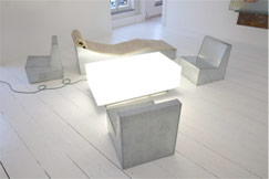 LOUNGE STATION, 1997-2009, galvanized steel, plexiglass, lights and carpet, dimensions variable