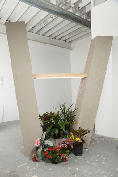BIG A, 2009, Wood, styrofoam, acrylic stucco, florescent light, and houseplants, 9 x 8.5 x 2 ft