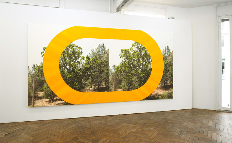 TWO TREES, 2010, acrylic and enamel on archival inkjet print on linen, 168 x 85 inches