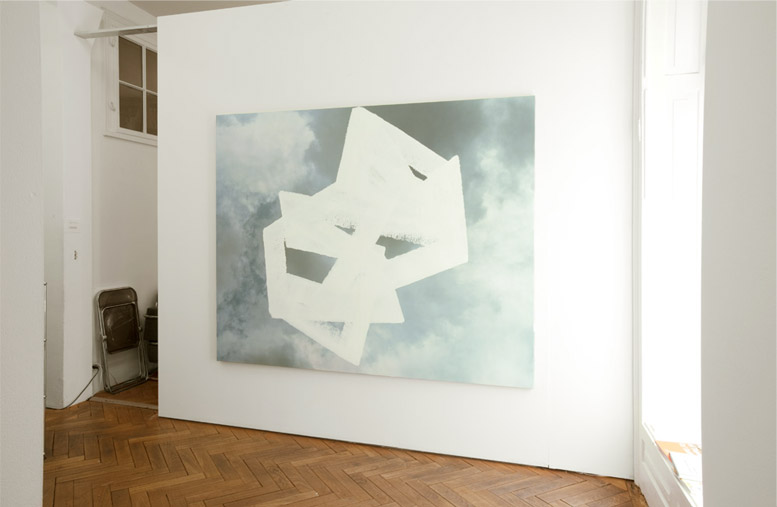 CLOUDY, 2010, aluminum paint on archival inkjet print on stretched linen, 67.5 x 86.5 inches