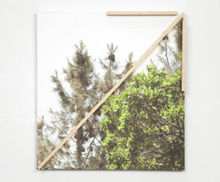 GO OUT, 2011, wood on archival inkjet print on museum board, 11.5 x 11 x 1 in