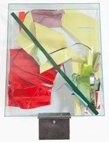 EXCLAIM, 2014, oil and acrylic paint, paper, photograph, wood, acetate on plexiglass  in glass box with metal bracket, 120 x 100 x 16 cm