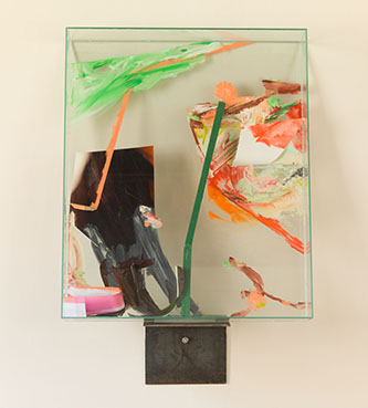 ALIGN, 2014, oil and acrylic paint, paper, photograph, wood, acetate on plexiglass  in glass box with metal bracket, 120 x 100 x 16 cm