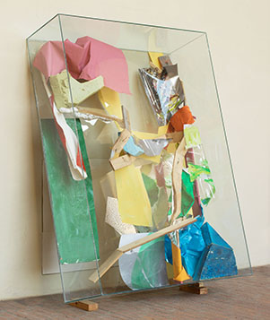 ARE, 2014, oil and acrylic paint, paper, photograph, wood, urethane foam, acetate, on plexiglass in glass box, 210 x 150 x 49 cm