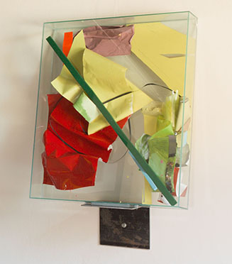 EXCLAIM, 2014, oil and acrylic paint, paper, photograph, wood, acetate on plexiglass  in glass box with metal bracket, 120 x 100 x 16 cm