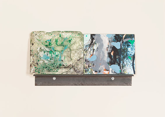 IN THE TREES, 2014, Acrylic dispersion and glass beads on archival inkjet print on plate glass, with cast glass panel and steel bracket, 27 x 14 x 4 inches