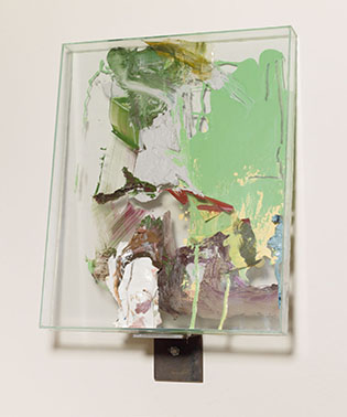 JOG, 2002, glass box, oil paint, enamel, acrylic, acetate, silicone, 19 x 27.5 x 1.75 in
		