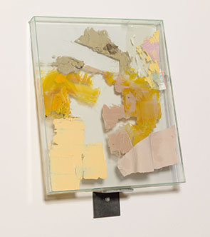 SCRATCH, 2002, glass box, oil paint, enamel, acrylic, acetate, silicone, 19 x 27.5 x 1.75 in