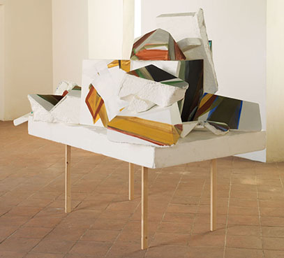 TABLE OF DAYS, 2005, fresco and cement on styrofoam with styrofoam top and table legs, 60 x 36 x 60 in