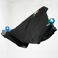 DARK CHANDELIER, 2003, concrete on paper mache with blue lights, 38 x 17 x 29 inches
