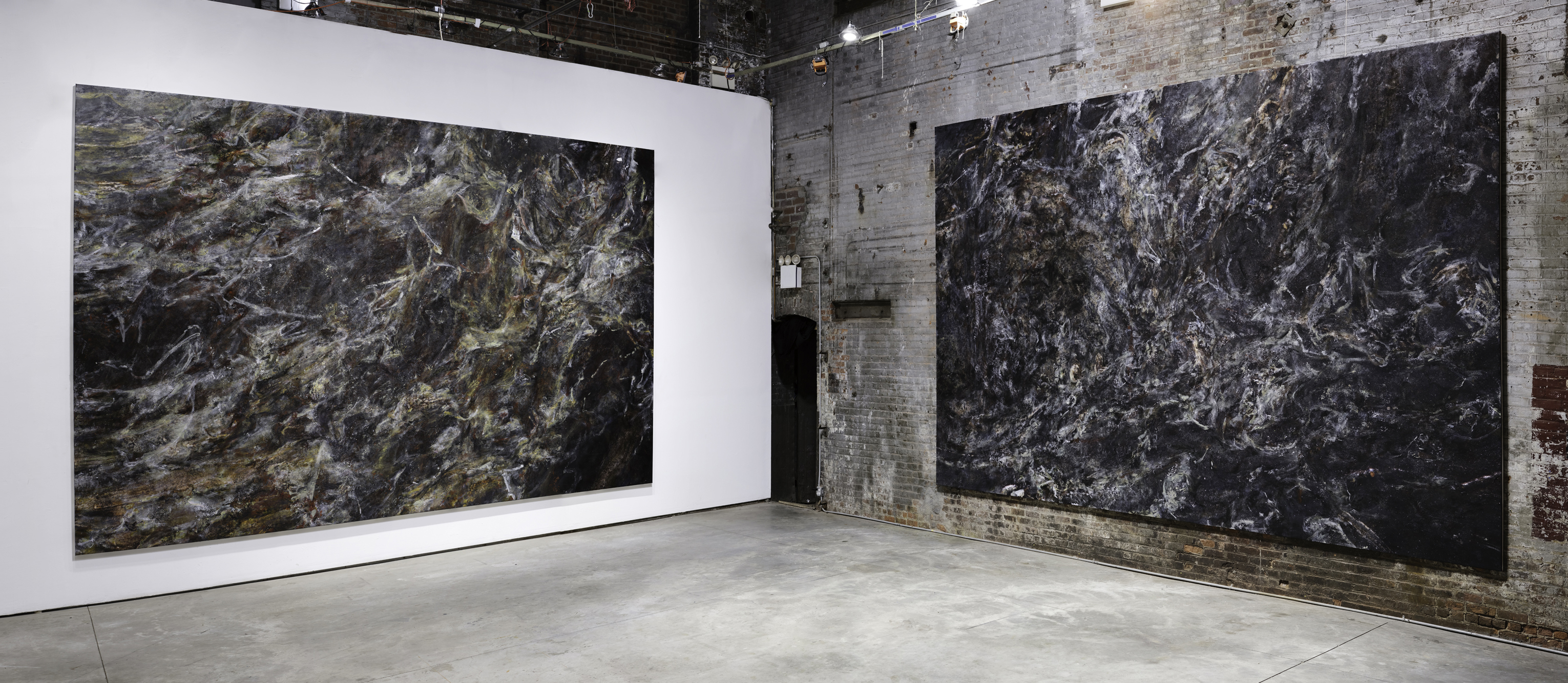 SARDANAPALUS (MAGNASCO), 2020, acrylic and water-based urethane dispersion - including metallic pigments, glass beads, mineral crystals and shredded tire rubber on stretched photographic vinyl billboard print, 12 x 20 feet (left)  -  MEDUSA (MAGNASCO), 2020, acrylic and water-based urethane dispersion - including metallic pigments, glass beads, mineral crystals and shredded tire rubber on stretched photographic vinyl billboard print, 12 x 20 feet (right)
