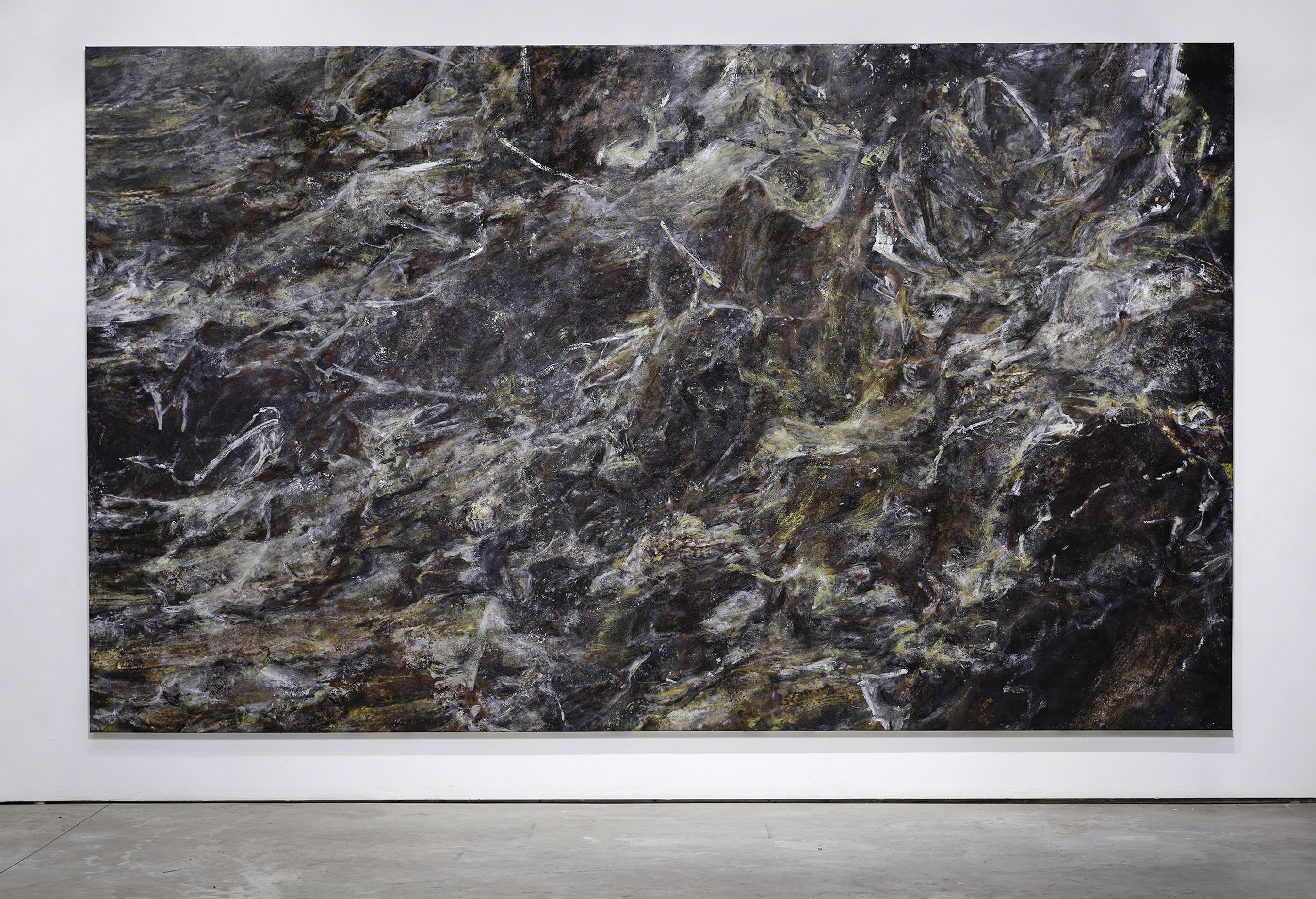 SARDANAPALUS (MAGNASCO), 2020, acrylic and water-based urethane dispersion - including metallic pigments, glass beads, mineral crystals and shredded tire rubber on stretched photographic vinyl billboard print, 12 x 20 feet